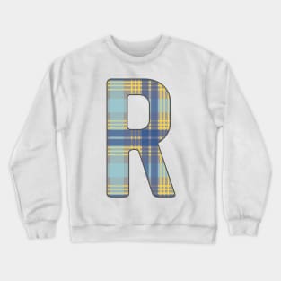 Monogram Letter R, Blue, Yellow and Grey Scottish Tartan Style Typography Design Crewneck Sweatshirt